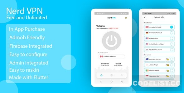 Nerd VPN v1.0 - Flutter VPN Android Full Application with IAP, Integrated with Backend and Admin Panel