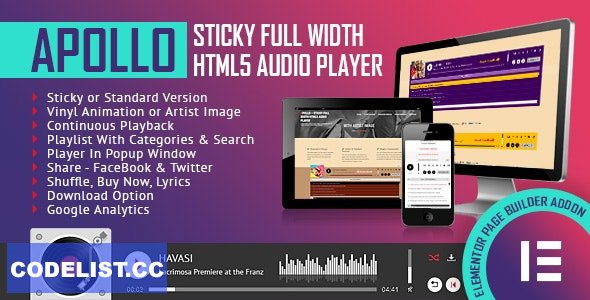 Apollo v1.0.0 - Sticky Full Width HTML5 Audio Player - Elementor Widget Addon