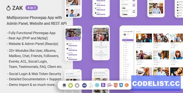 Zak v1.1 - (4 in 1) Multipurpose Phonegap App with Admin Panel, Website and REST API