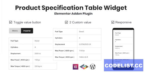 Product Specification Table Widget For Elementor v1.0