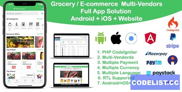 grocery / delivery services / ecommerce multi vendors(Android + iOS + Website) ionic 5 / CodeIgniter v12.0