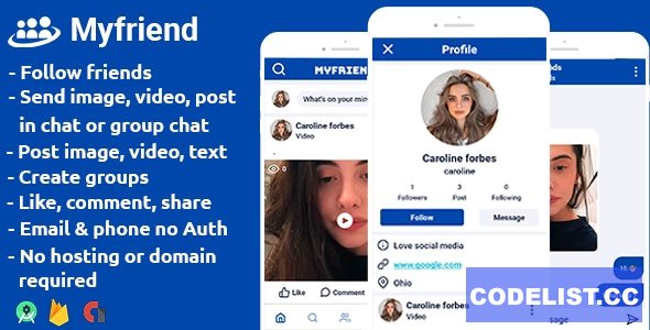 Myfriend v1.3 - friends posts groups chat follow social networking app android studio + firebase + admob