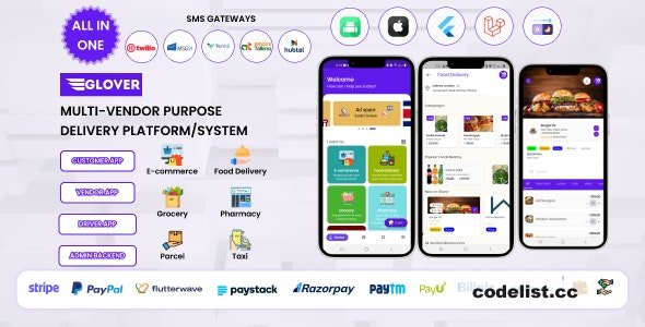 Glover v1.6.63 – Grocery, Food, Pharmacy Courier & Service Provider + Backend + Driver & Vendor app - nulled