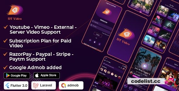 DTVideo v3.0.1 - Flutter Multipurpose All In One Videos App ( Android + ios) Admin panel