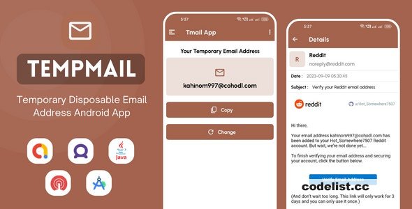 TempMail v1.0 - Temporary Disposable Email Address App with AdMob Ads
