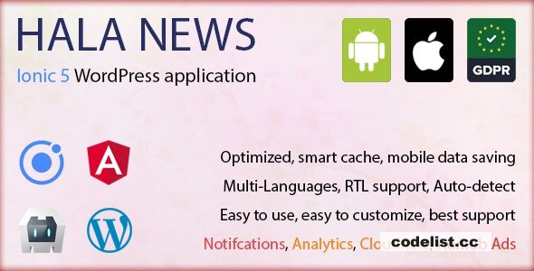 Hala News Pro v1.1.10 - Full Ionic 5 Mobile App for WordPress - Admob, Analytics, Rewards ads, Cloudflare