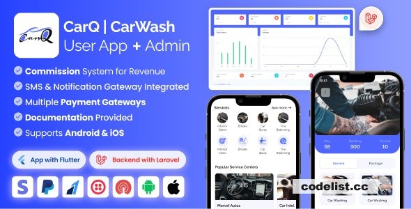 CarQ v2.0.1 - Car Wash Marketplace SAAS User Flutter App & Laravel Admin Panel