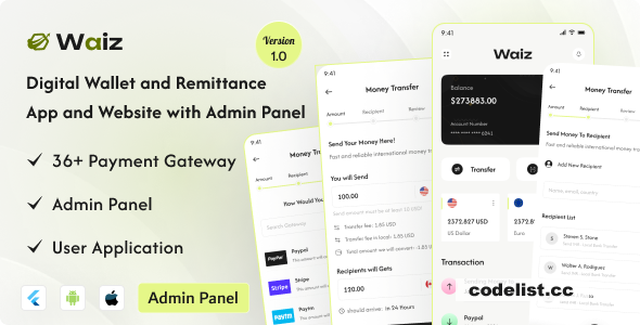 Waiz v1.3 - Digital Wallet and Remittance App and Website with Admin Panel - nulled
