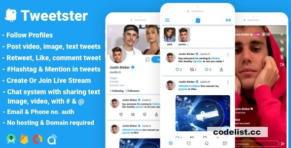 Tweetster - Twitter clone social network app Follow Chat Tweet Live android studio + firebase +admob