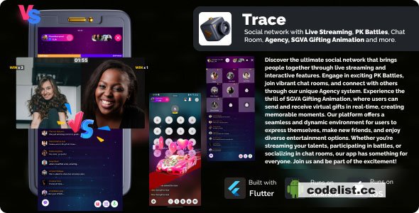 Trace v1.1 - Social network with Live Streaming, PK battles, Chat room, Agency and more