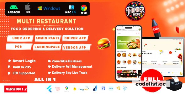 ThunderFood v1.2 - Multi Restaurant Food Ordering & Delivery Solution (User, Driver, Admin, POS)