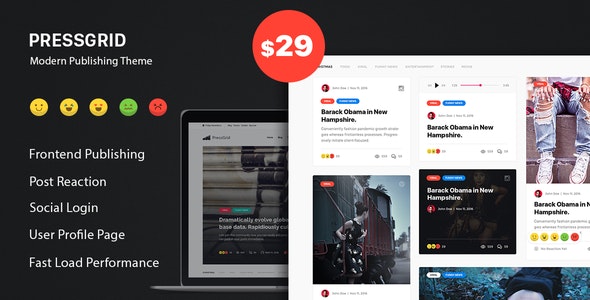 PressGrid v1.3 - Frontend Publish Reaction & Multimedia Theme
