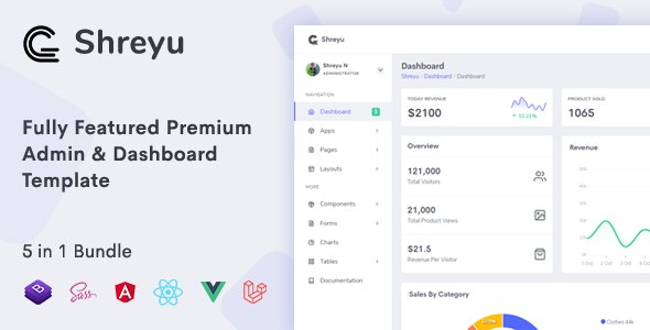 Shreyu v1.0.2 - Admin & Dashboard, Angular, React, Vue and Laravel